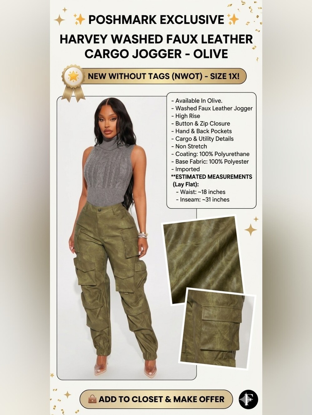 Fashion Nova Olive Faux Leather Cargo Jogger – Size 1X (NWOT)